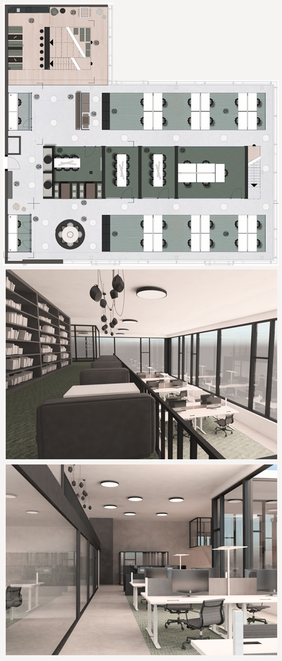 Grundriss eines modernen Büro-Layouts mit Teamarbeitszonen, Meetingräumen und offenen Arbeitsbereichen im New-Work Konzept.